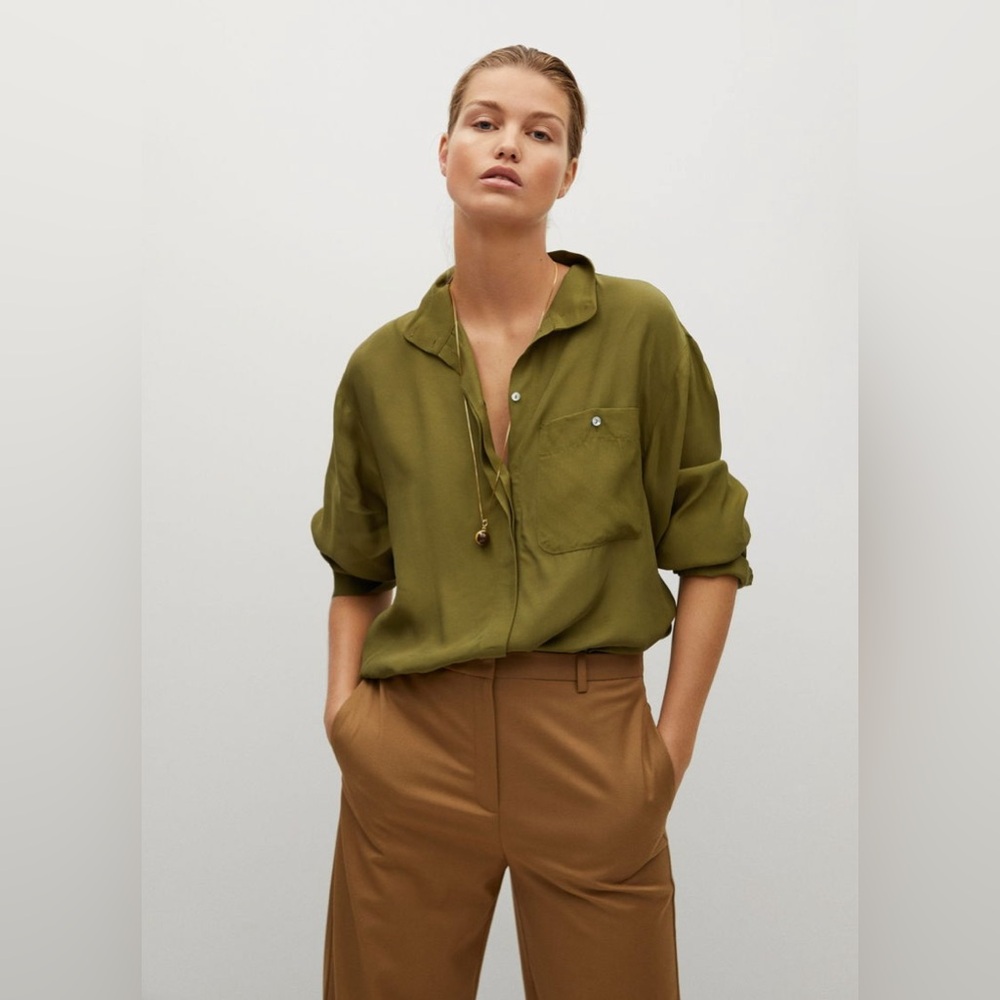 Mango Army Green Button-Up Shirt